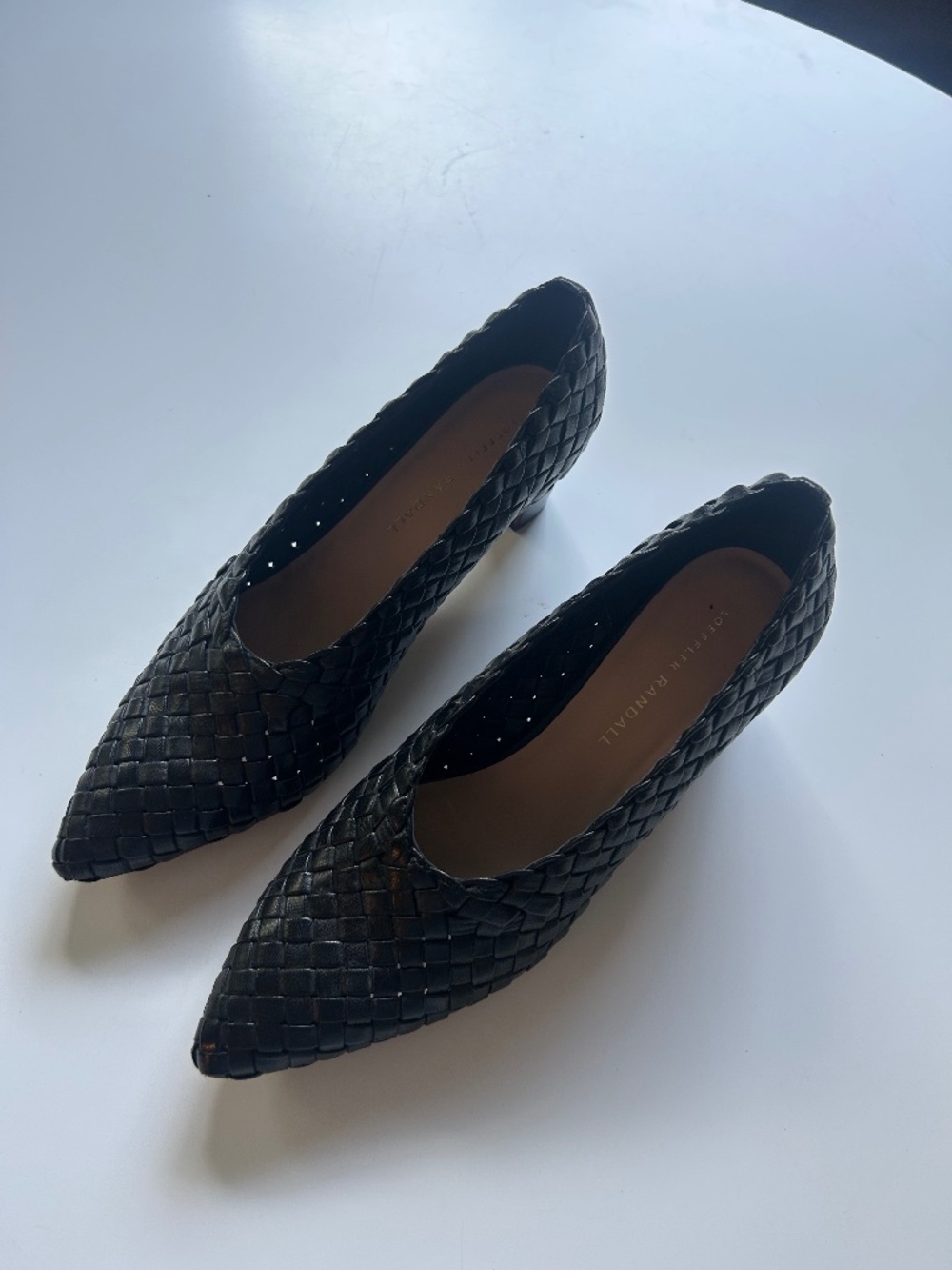 Loeffler Randolph Black Leather Woven Heels Size 8- Like New